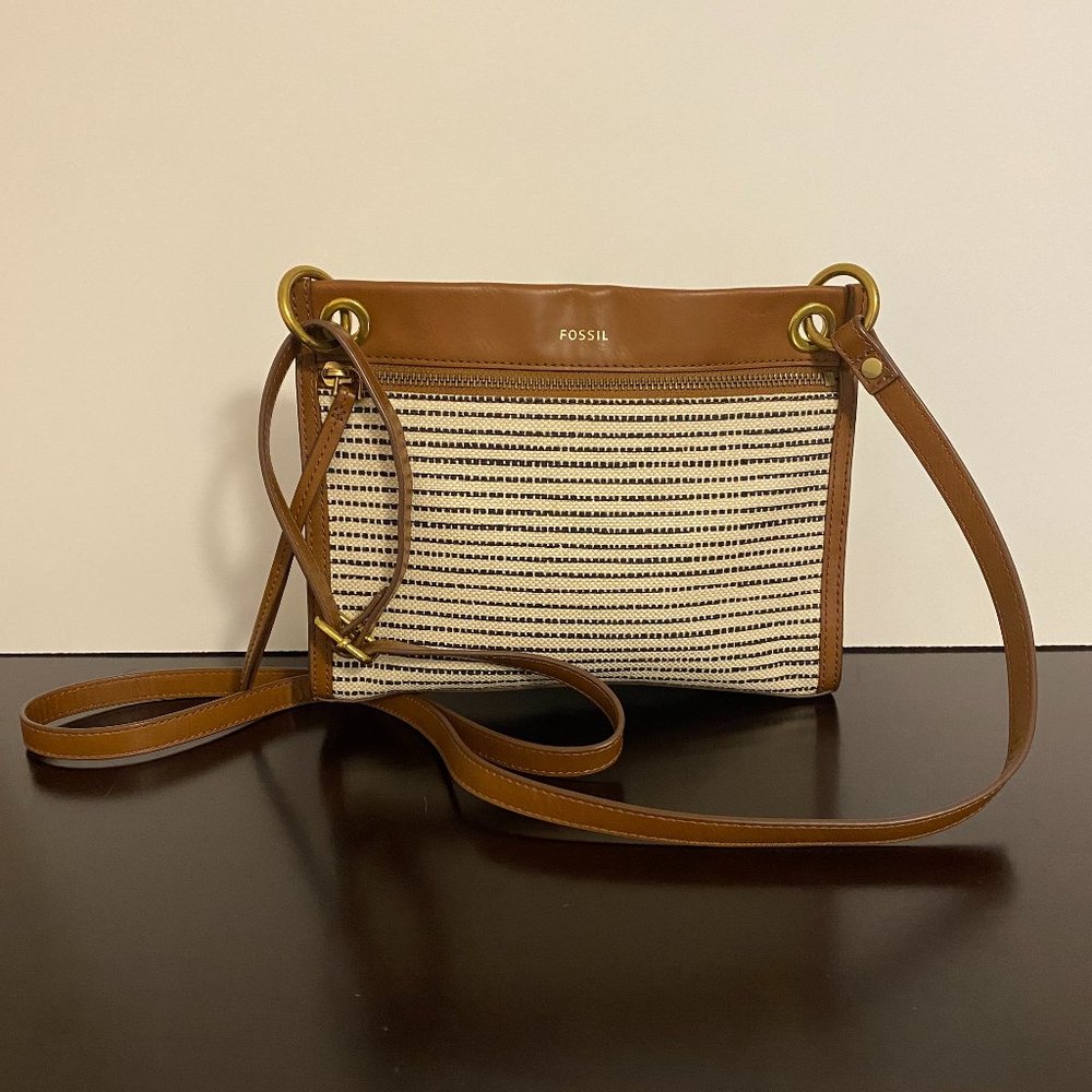 Fossil Violets Crossbody Brown Leather Black White Canvas